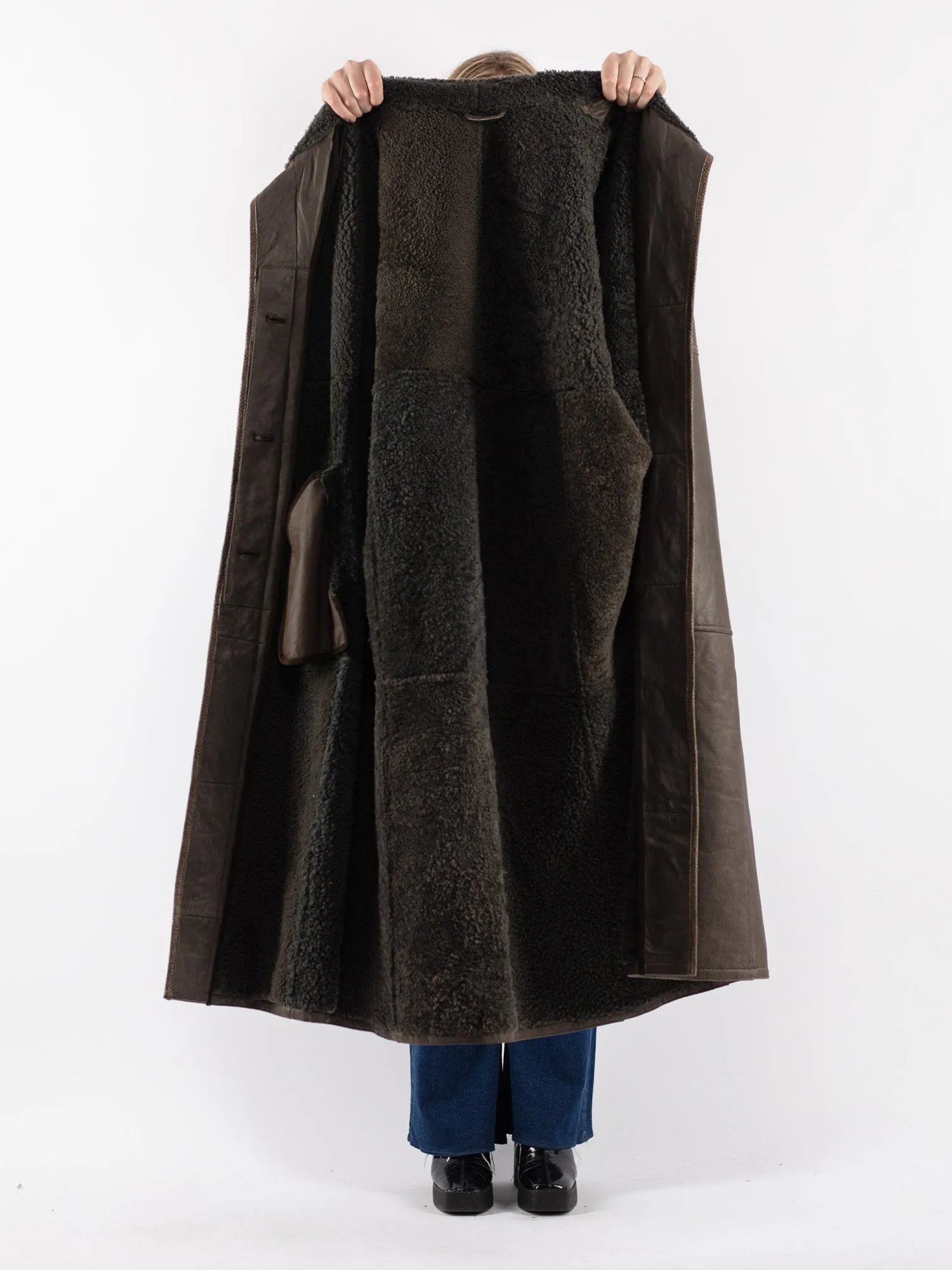 Vintage 80's Women Sheepskin Shearling Long Coat in Green