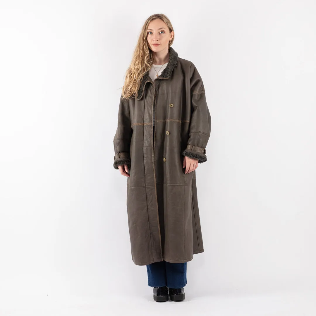 Vintage 80's Women Sheepskin Shearling Long Coat in Green