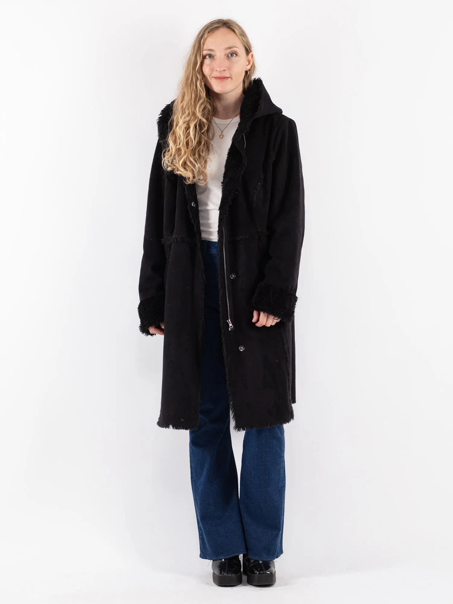 Vintage 90's Women Hooded Faux Sheepskin Coat in Black