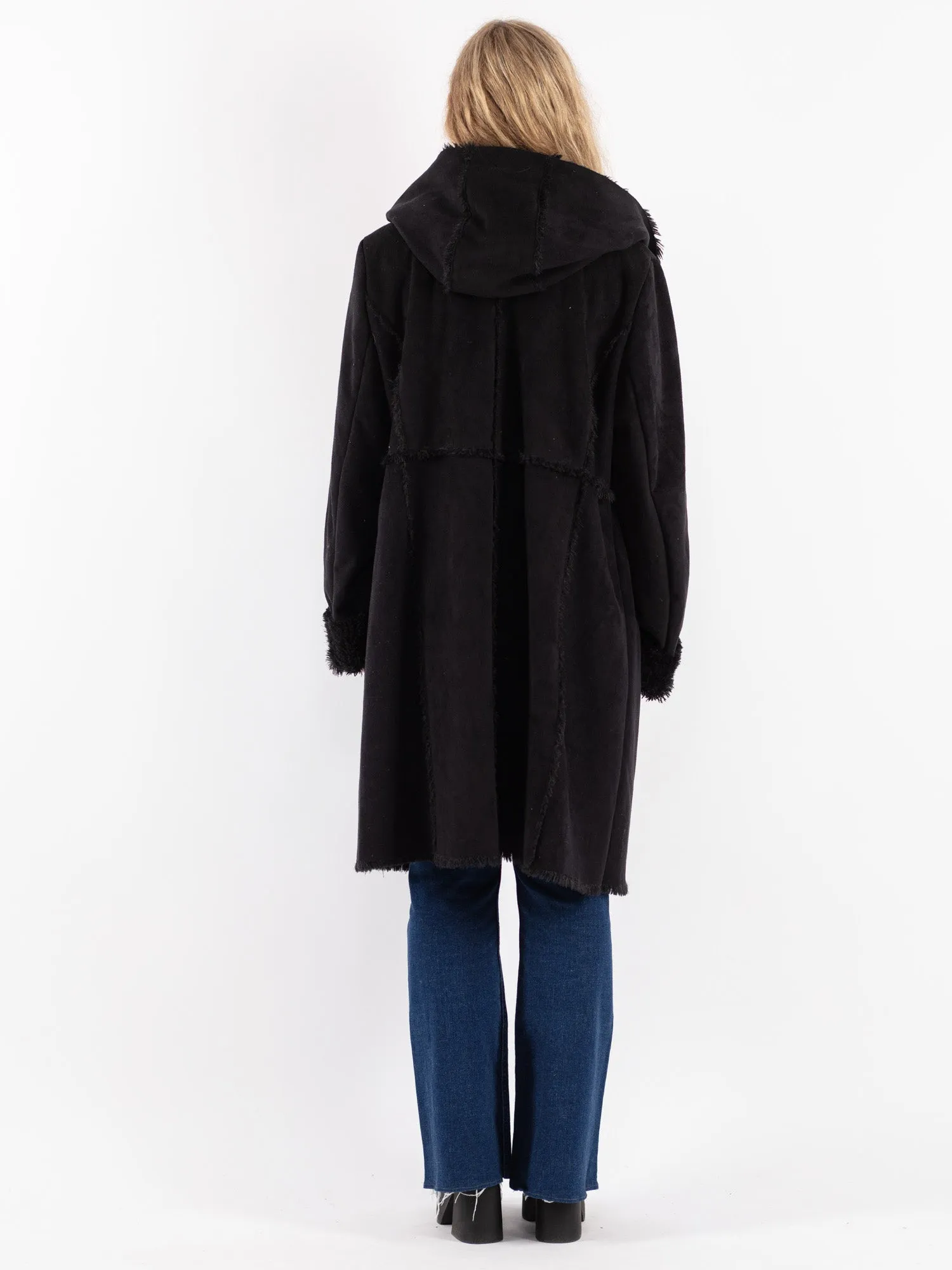 Vintage 90's Women Hooded Faux Sheepskin Coat in Black