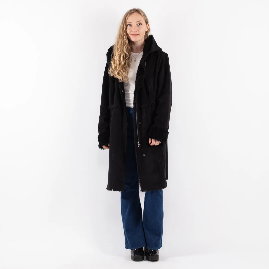 Vintage 90's Women Hooded Faux Sheepskin Coat in Black