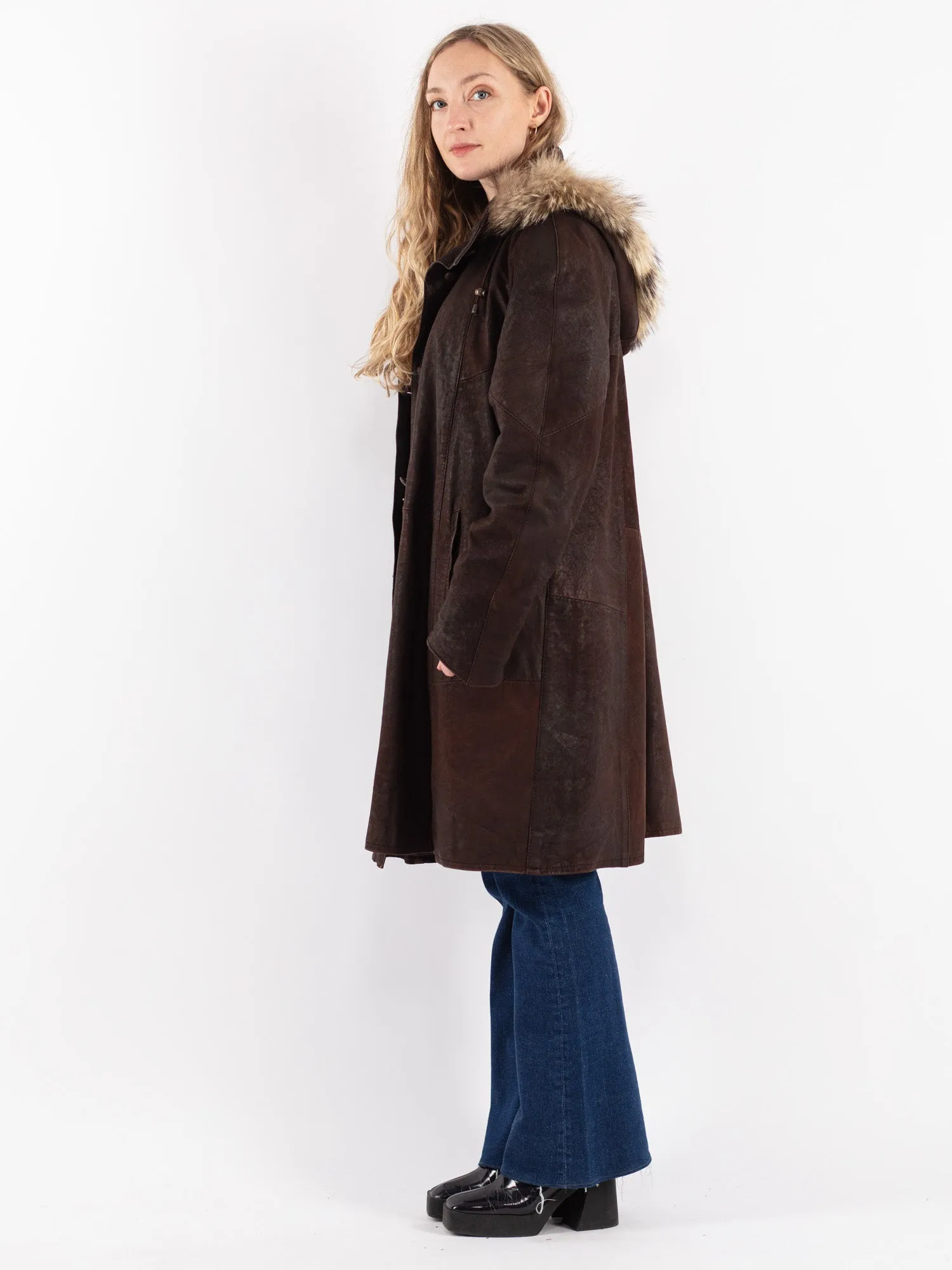 Vintage 90's Women Hooded Leather Coat in Brown