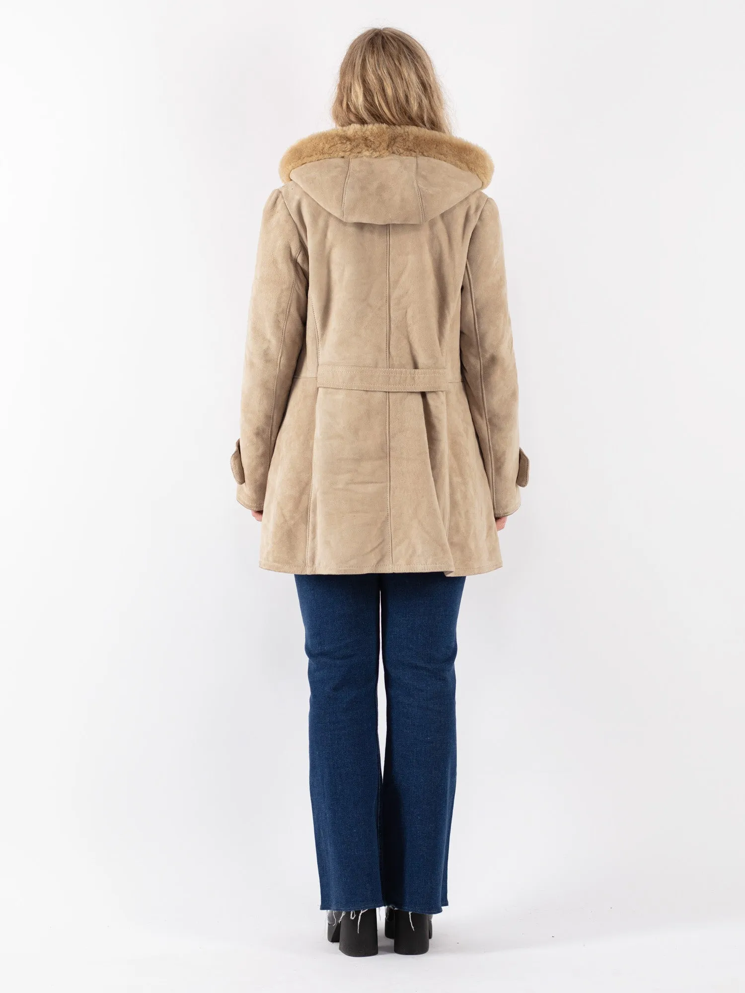 Vintage 90's Women Hooded Sheepskin Coat in Beige