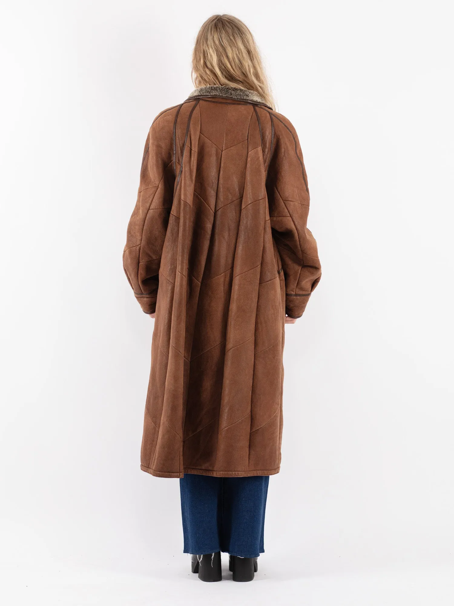 Vintage 90's Women Sheepskin Long Coat in Brown