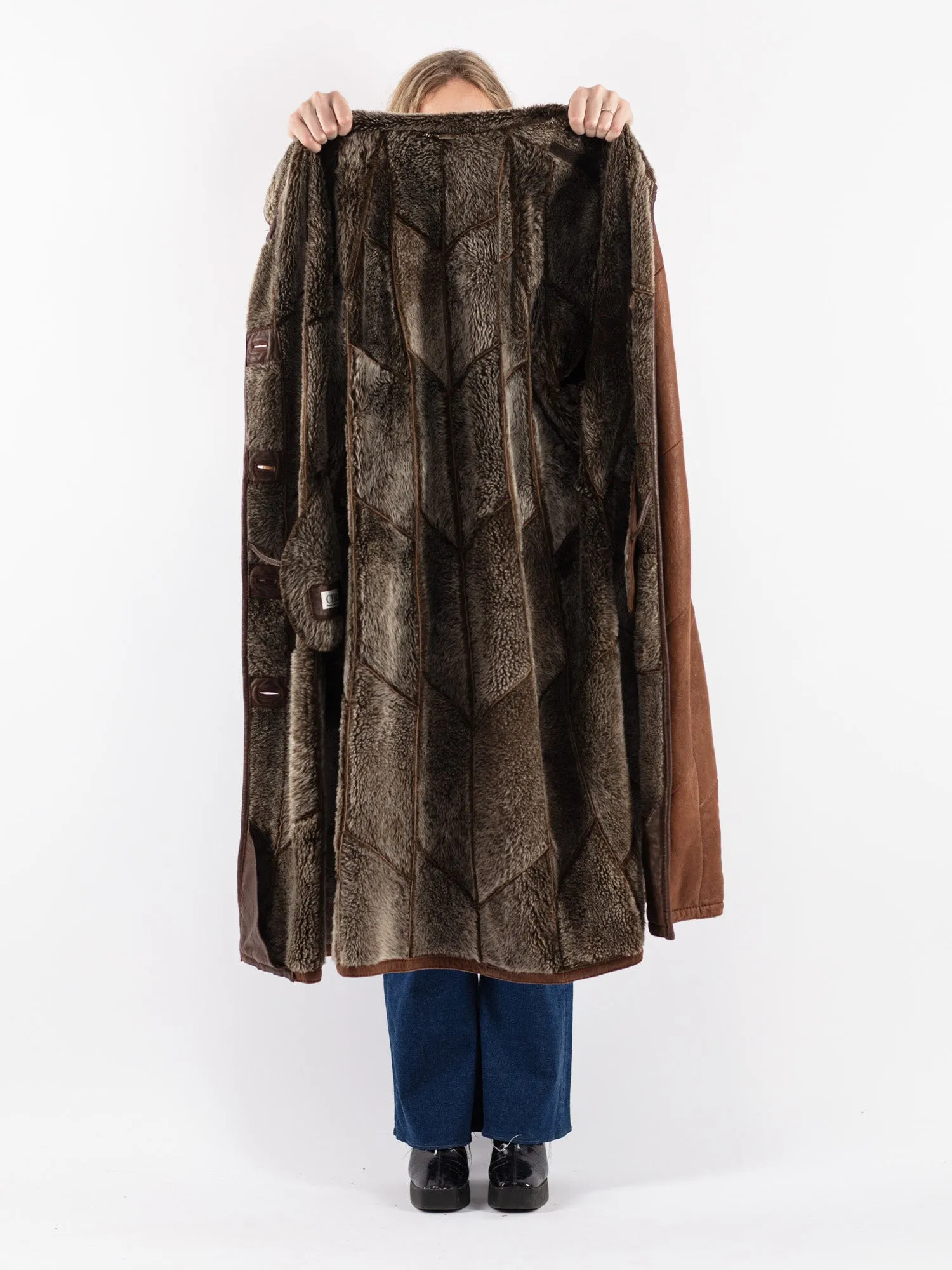 Vintage 90's Women Sheepskin Long Coat in Brown