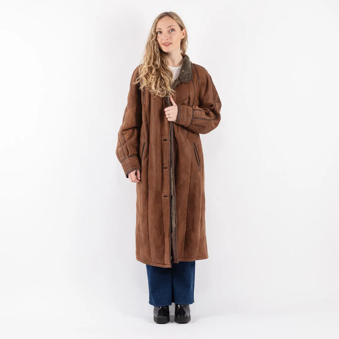 Vintage 90's Women Sheepskin Long Coat in Brown