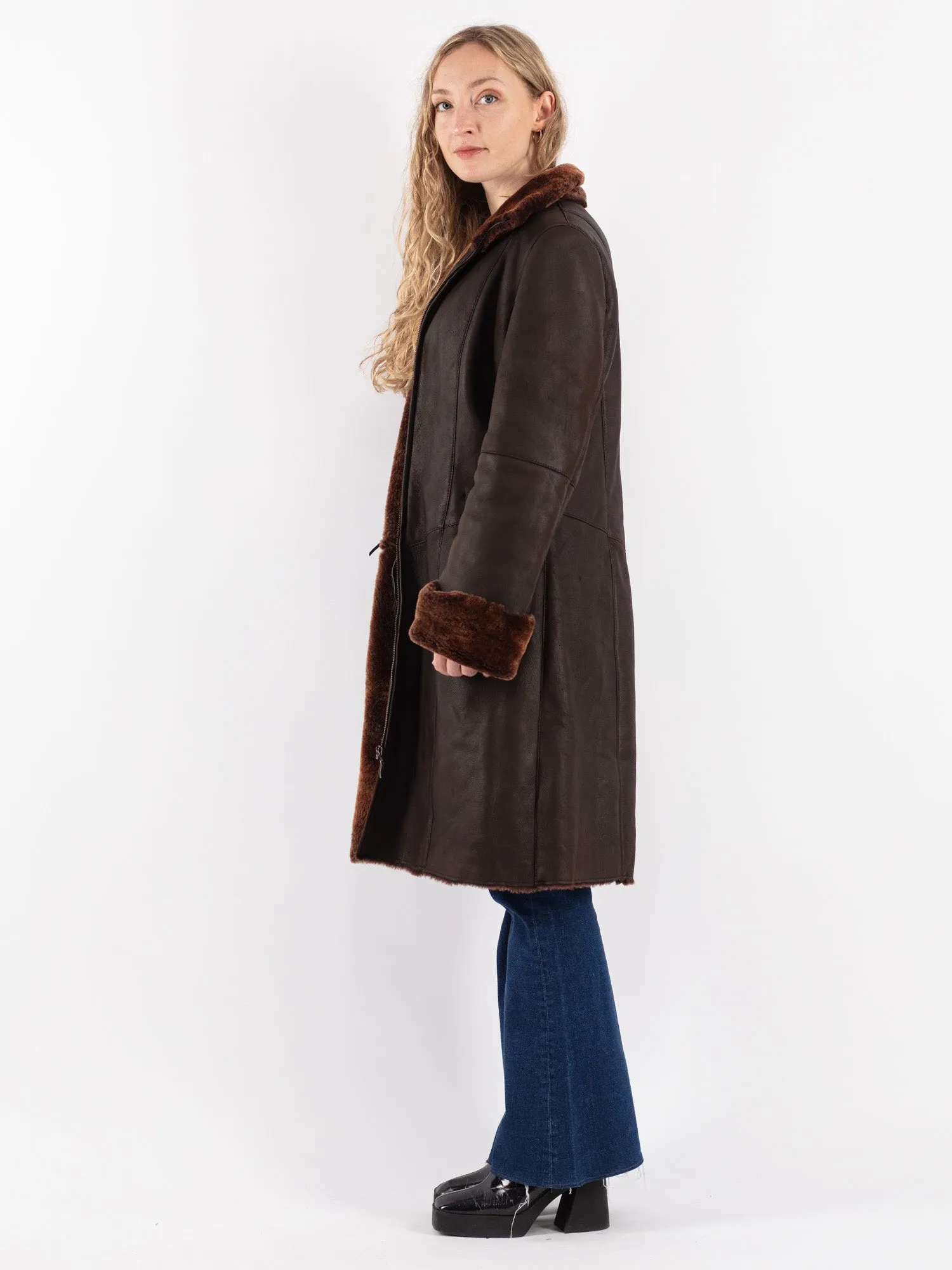 Vintage 90's Women Sheepskin Shearling Coat in Brown