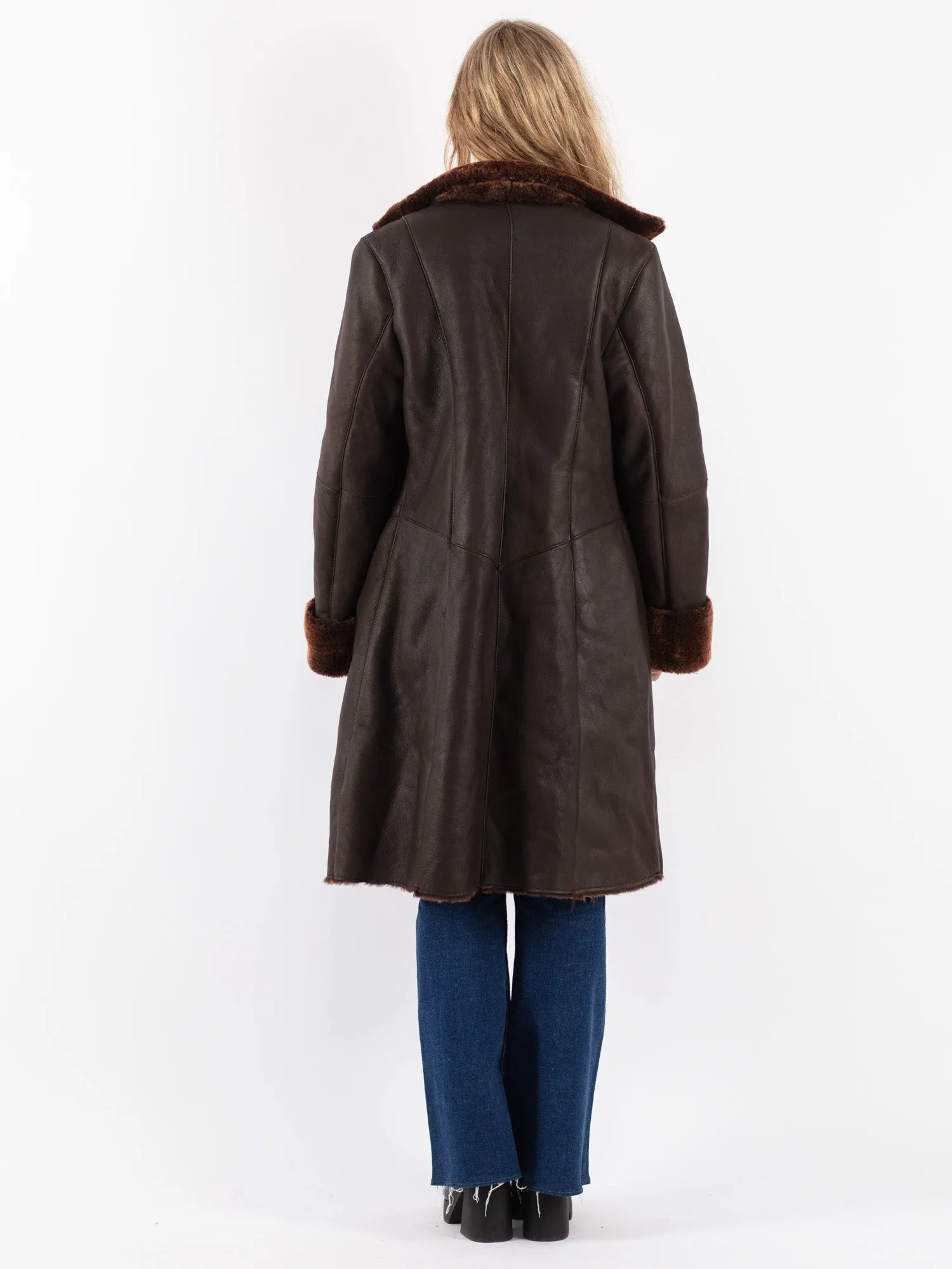 Vintage 90's Women Sheepskin Shearling Coat in Brown