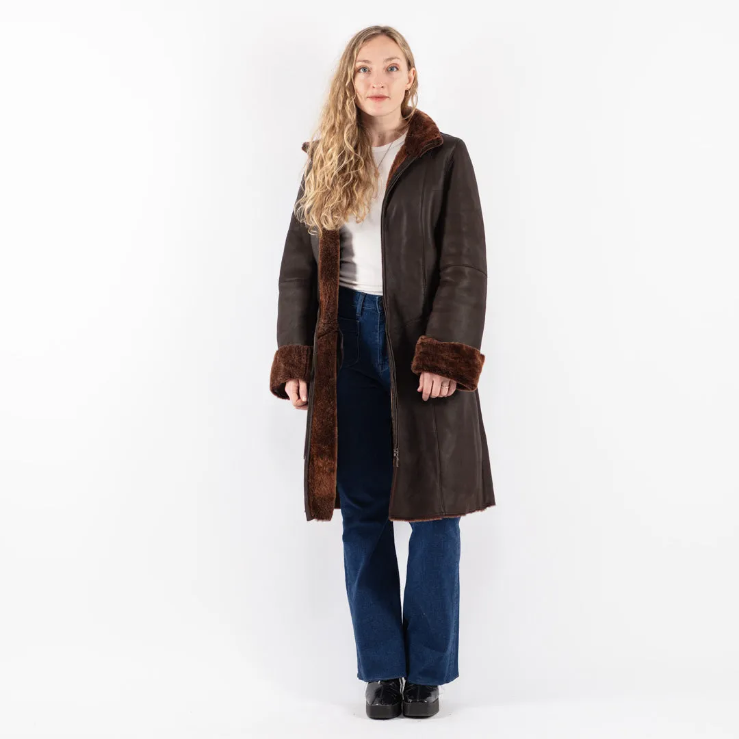 Vintage 90's Women Sheepskin Shearling Coat in Brown