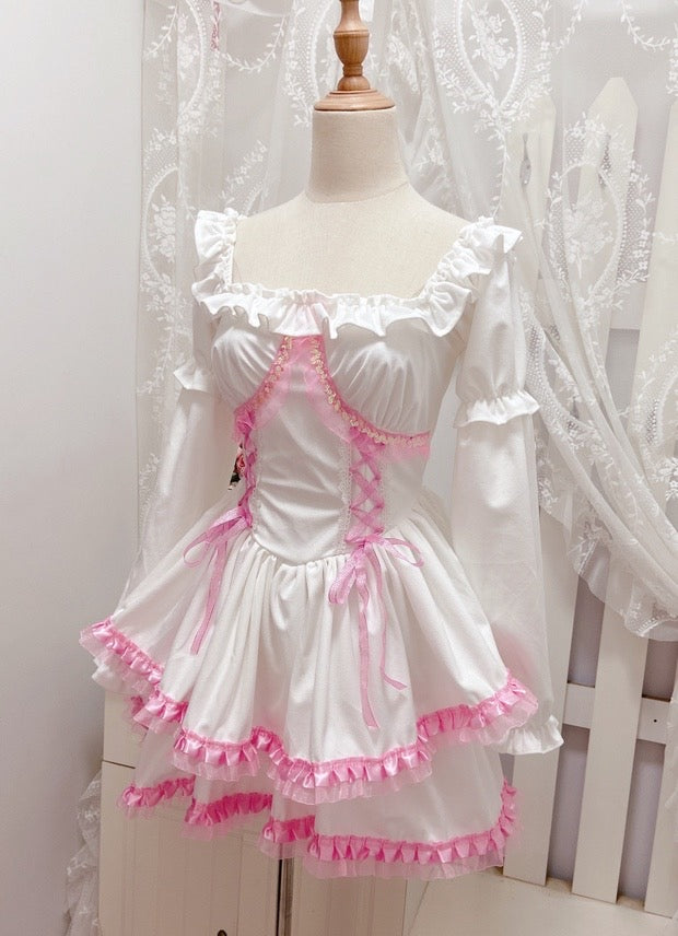 White pink sweet lotus corduroy dress