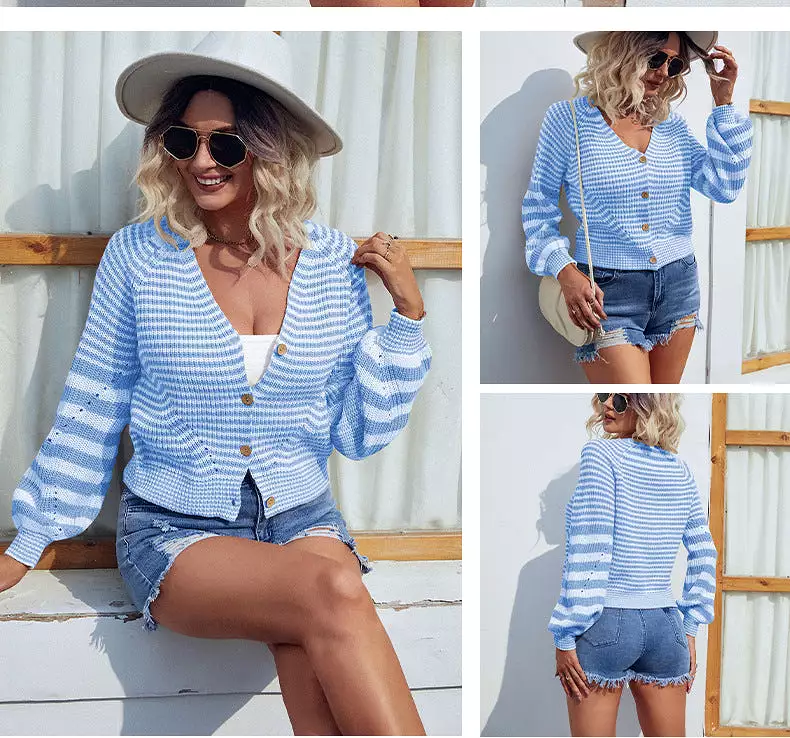 Women Knitwear Stripes Single Breasted Sweater Coats