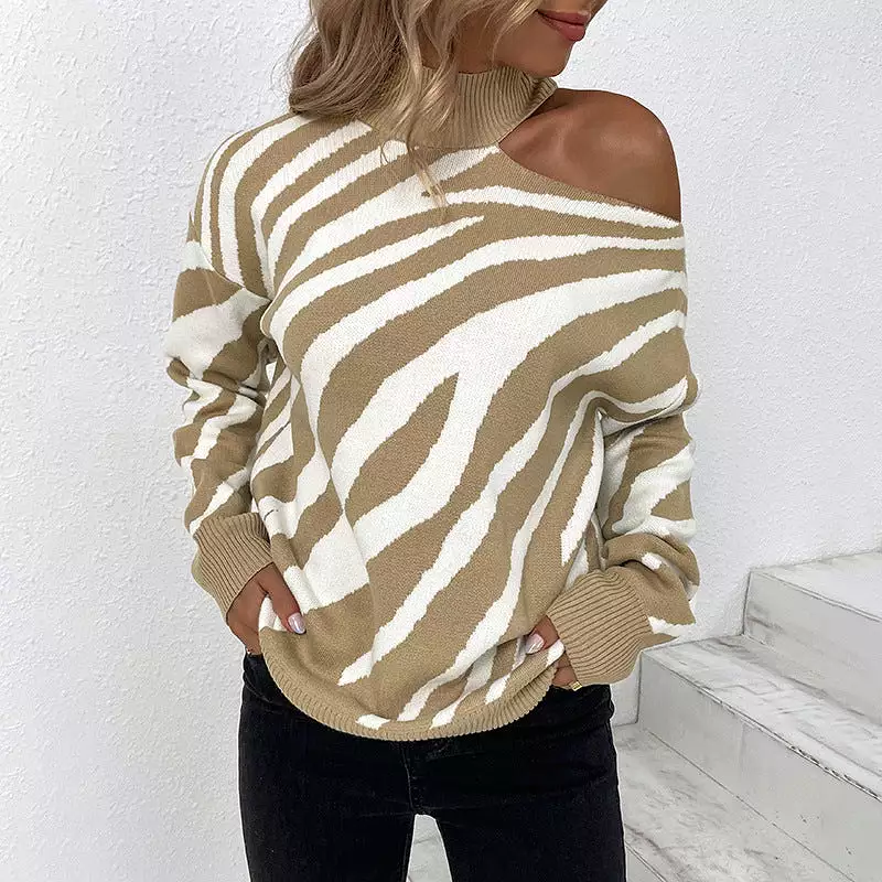 Women Sweaters Kniting High Collar Pullover Bicolor Tiger Off Shoulder Long Sleeve