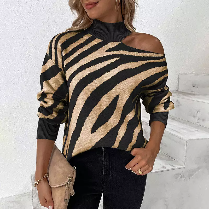 Women Sweaters Kniting High Collar Pullover Bicolor Tiger Off Shoulder Long Sleeve