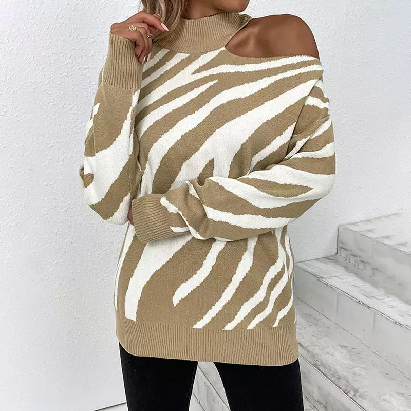 Women Sweaters Kniting High Collar Pullover Bicolor Tiger Off Shoulder Long Sleeve