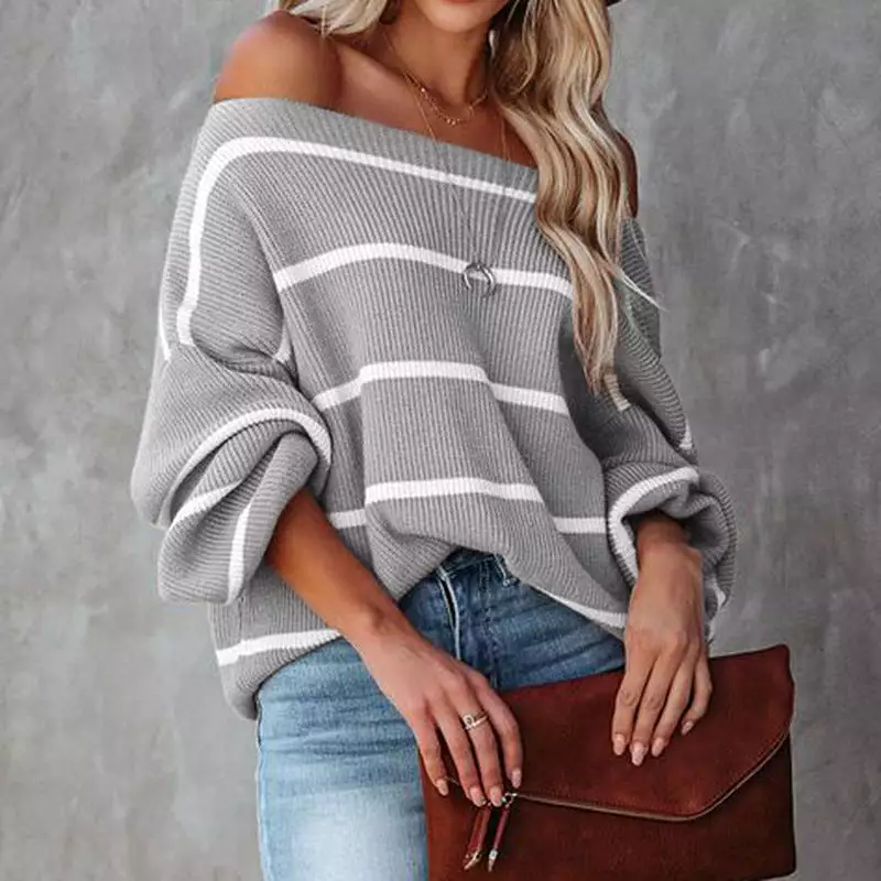 Women Sweaters Kniting Pullover Stripes Off Shoulder Long Sleeve