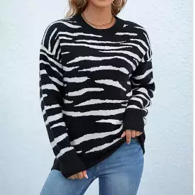 Women Sweaters Kniting Round Bows Pullover Zebra Long Sleeves