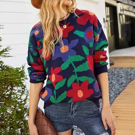 Women Sweaters Kniting Round Collar Pullover Bicolor Flowers