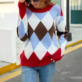 Women Sweaters Kniting Round Collar Pullover Bicolor Lattice