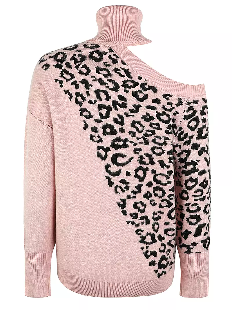 Women Sweaters Kniting Round Collar Pullover Leopard Off Shoulder