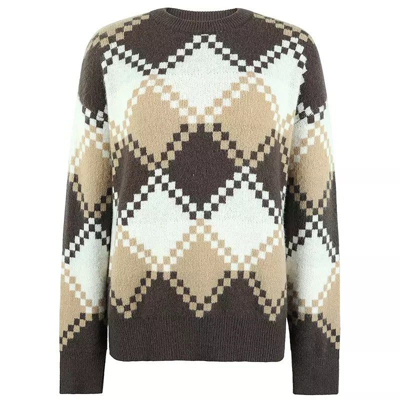 Women Sweaters Kniting Round Collar Pullover Multi-color Blocking Long Sleeve