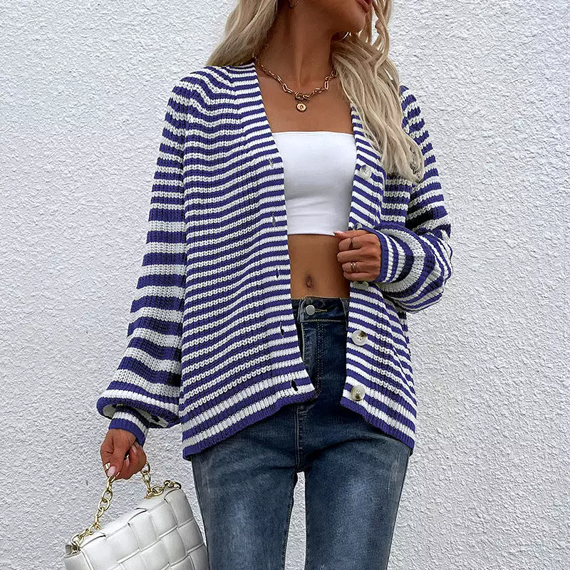 Women's Cardigans Kniting Buttons Bicolor Stripes Long Sleeves