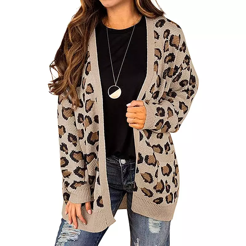 Women's Cardigans Kniting Leopard Patterns Long Sleeves Pockets