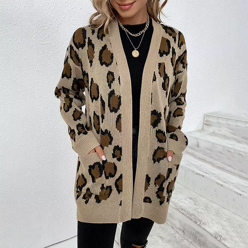 Women's Cardigans Kniting Leopard Patterns Long Sleeves Pockets