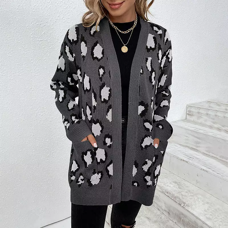 Women's Cardigans Kniting Leopard Patterns Long Sleeves Pockets