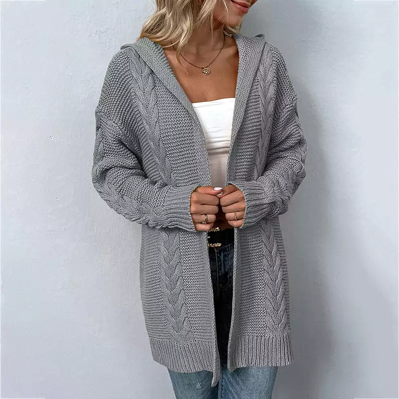 Women's Cardigans Kniting Plain Hoods Twist Long Sleeves