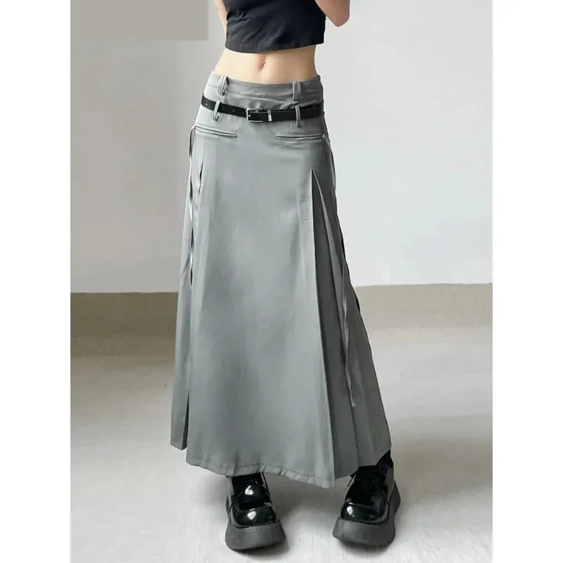 Women's Casual Safari Style Tassel Pockets Low Waisted A Line Maxi Skirt