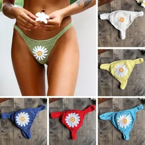 Women's Cotton Sexy Hand Knitting Flower Pattern Thong Swimwear