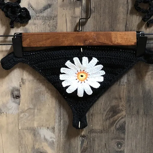 Women's Cotton Sexy Hand Knitting Flower Pattern Thong Swimwear