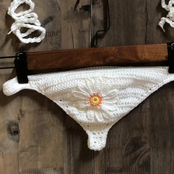 Women's Cotton Sexy Hand Knitting Flower Pattern Thong Swimwear