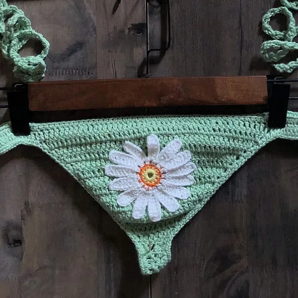 Women's Cotton Sexy Hand Knitting Flower Pattern Thong Swimwear