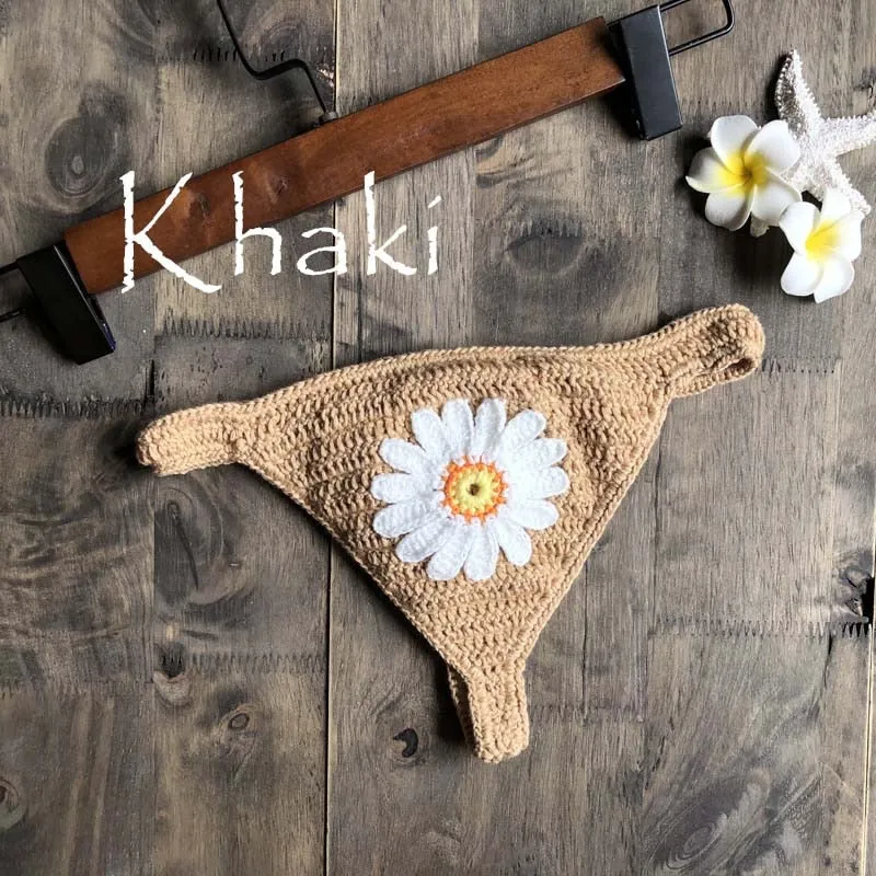 Women's Cotton Sexy Hand Knitting Flower Pattern Thong Swimwear