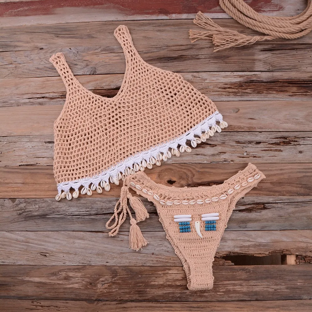 Women's Cotton Two Piece Split Knit Handmade Crochet Swimwear