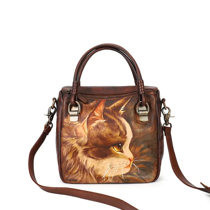 Women's Hand Painted Leather Large Capacity Shoulder Messenger Handbag