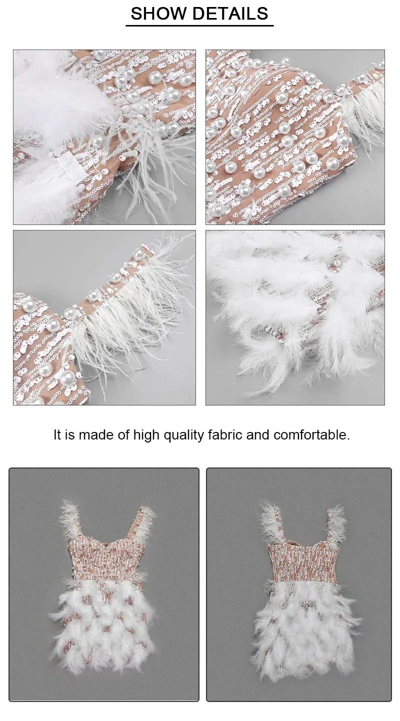 Women's Luxury Sleeveless Feather Decor Birthday Party Mini Dress