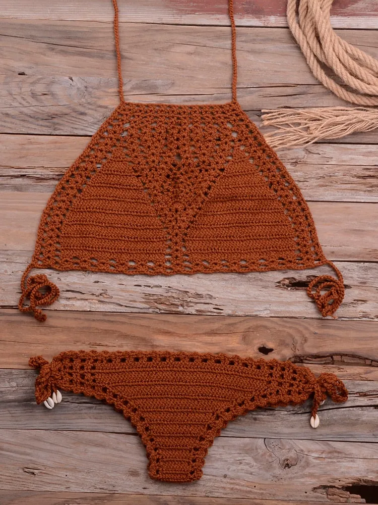 Women's Sexy G String Lattice Hollow Crochet Swimwear Micro Bikini Set