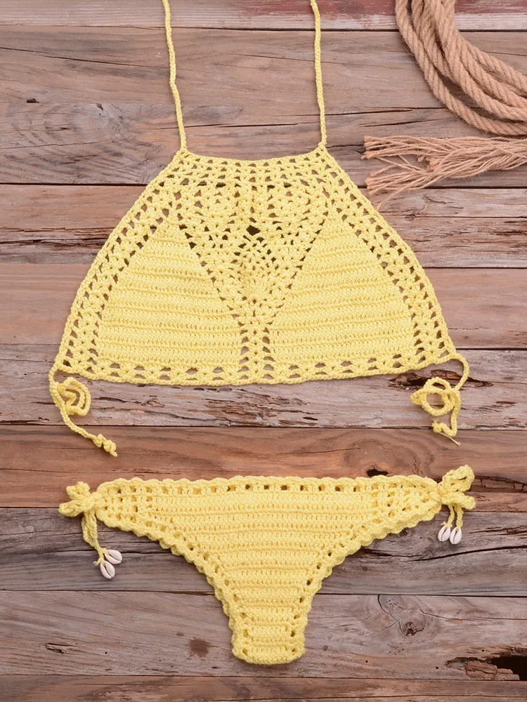 Women's Sexy G String Lattice Hollow Crochet Swimwear Micro Bikini Set