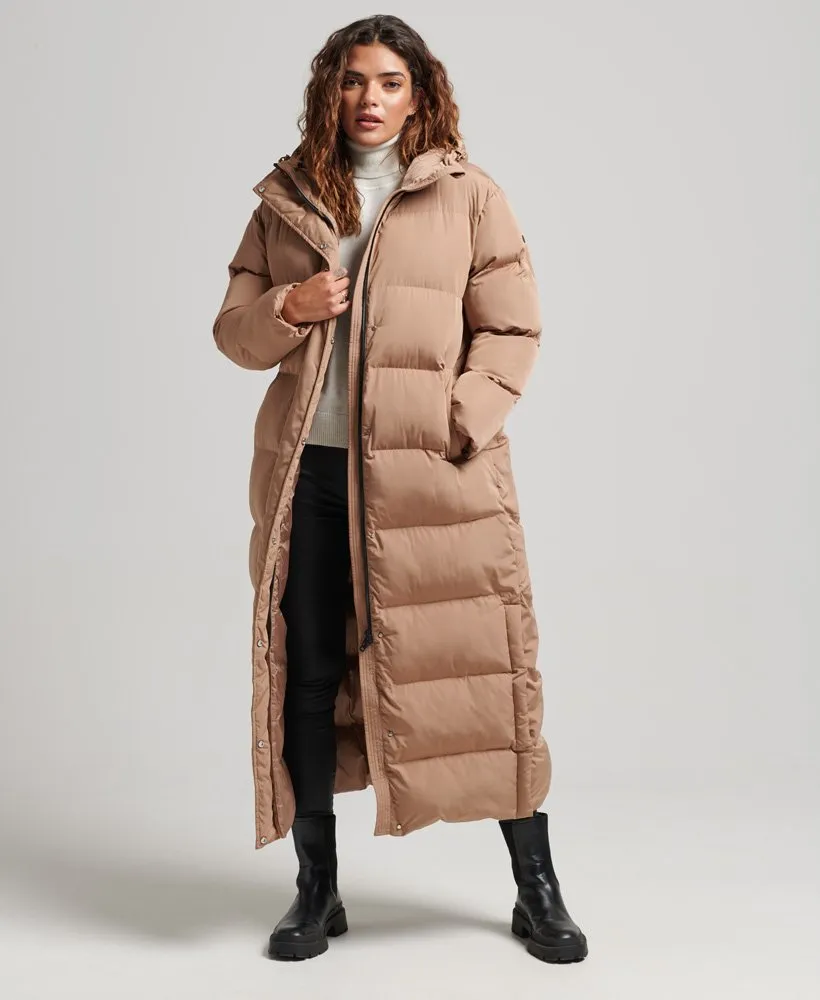 Womens Superdry Hooded Maxi Puffer Coat in Brown