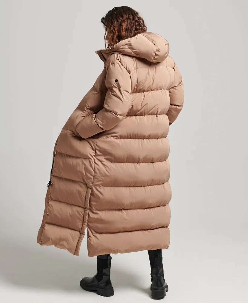 Womens Superdry Hooded Maxi Puffer Coat in Brown