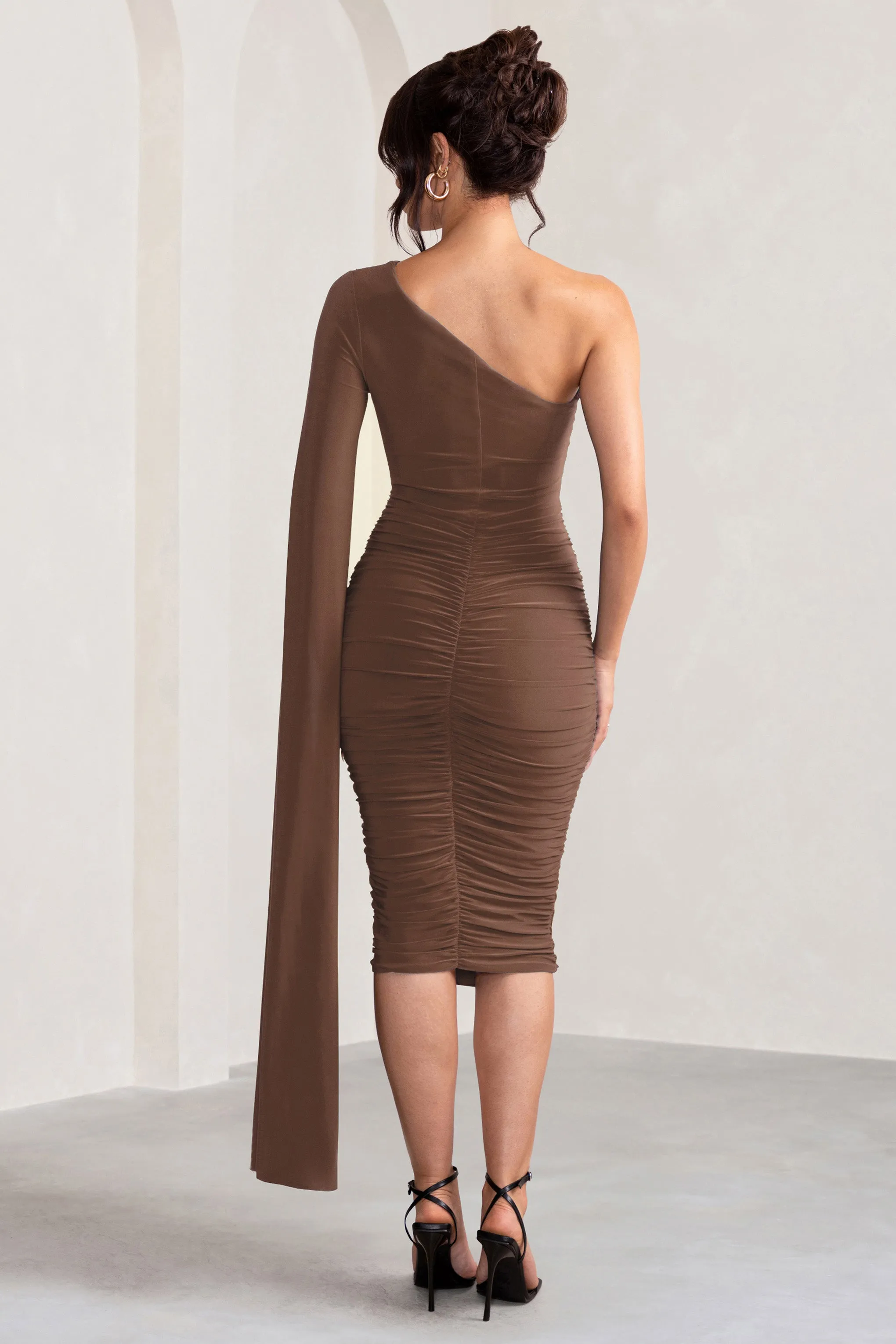 Yara | Chocolate Brown One Shoulder Cape Ruched Midi Dress