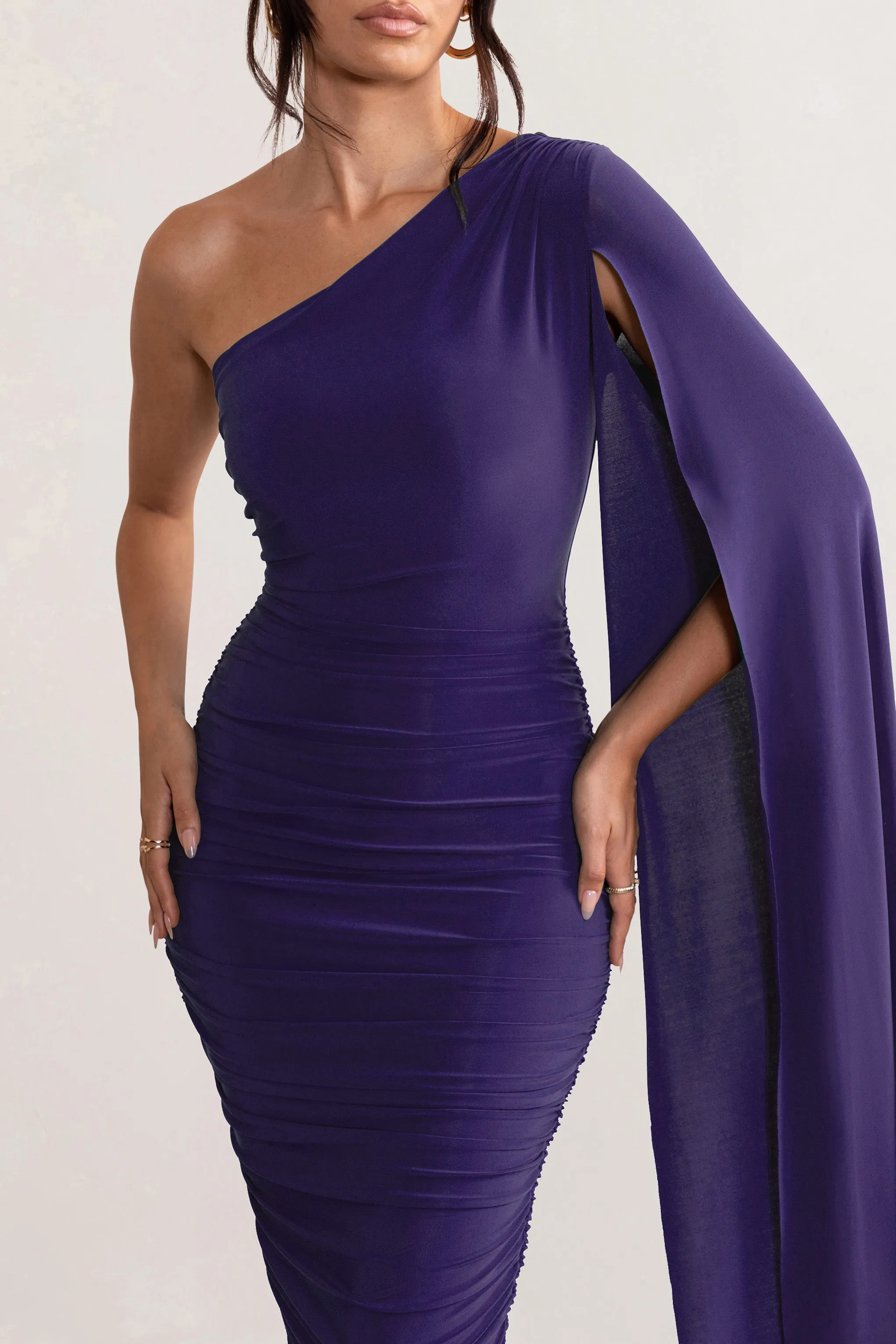 Yara | Purple One Shoulder Cape Ruched Midi Dress