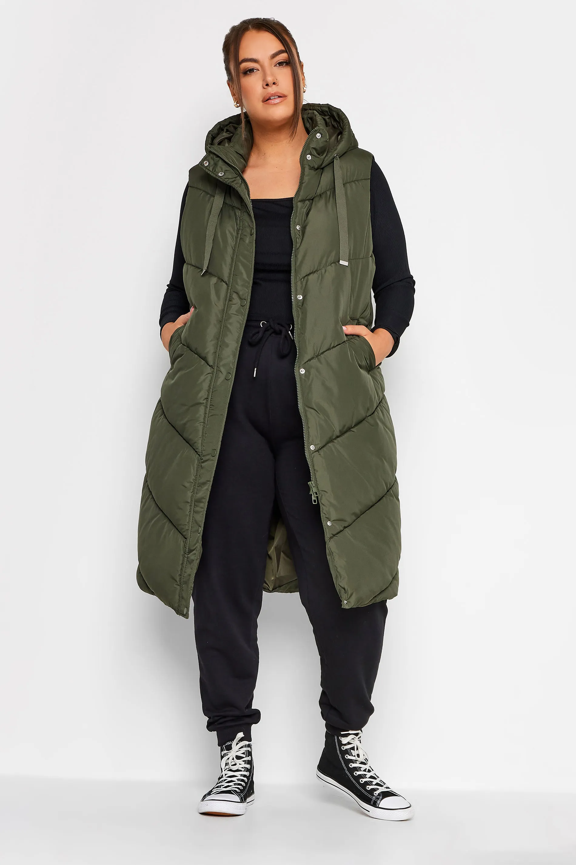 YOURS Curve Green Quilted Longline Hooded Gilet