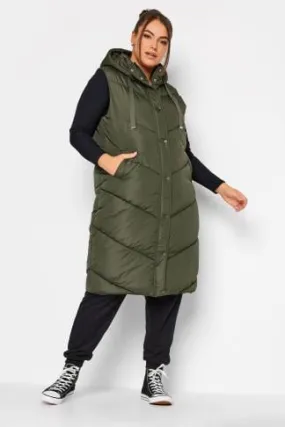 YOURS Curve Green Quilted Longline Hooded Gilet