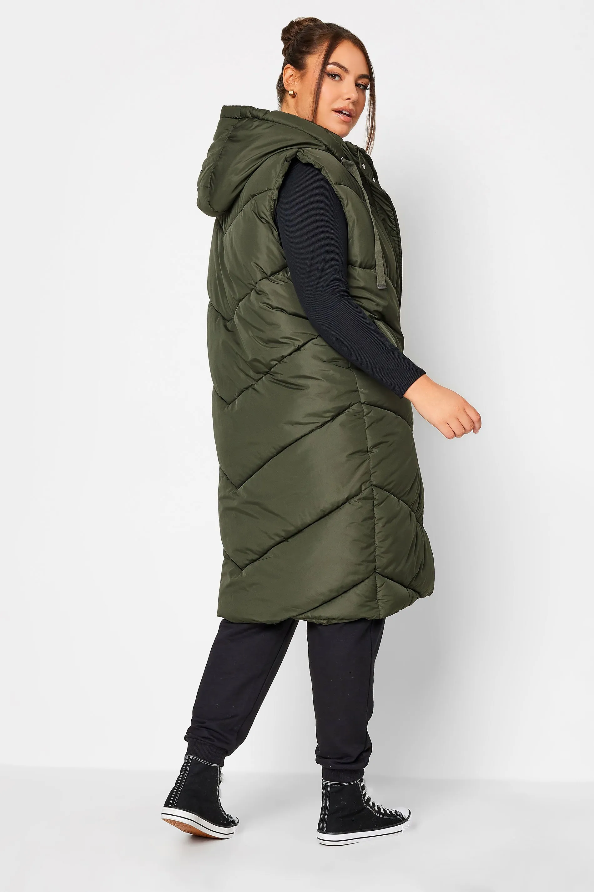 YOURS Curve Green Quilted Longline Hooded Gilet