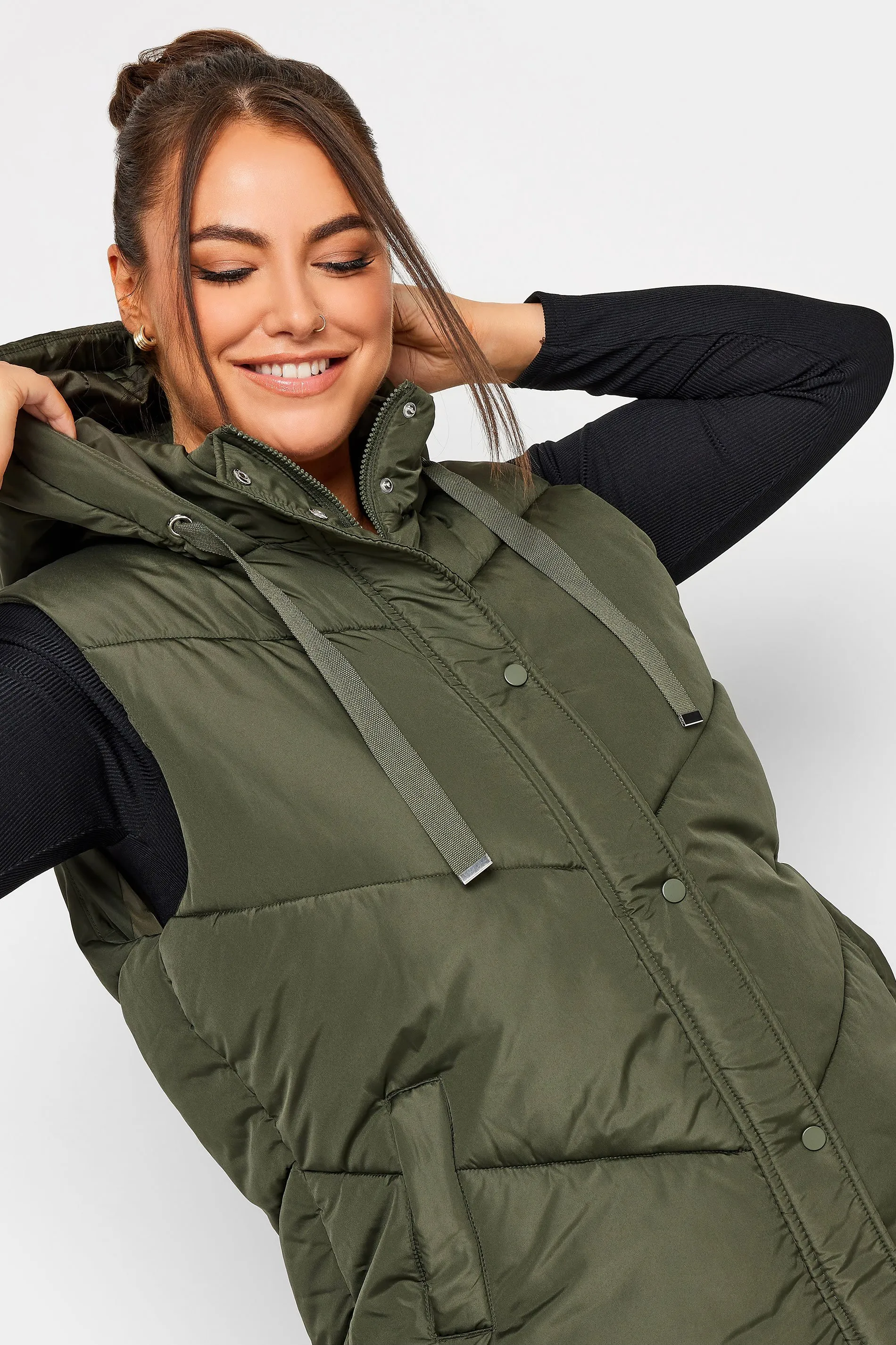 YOURS Curve Green Quilted Longline Hooded Gilet