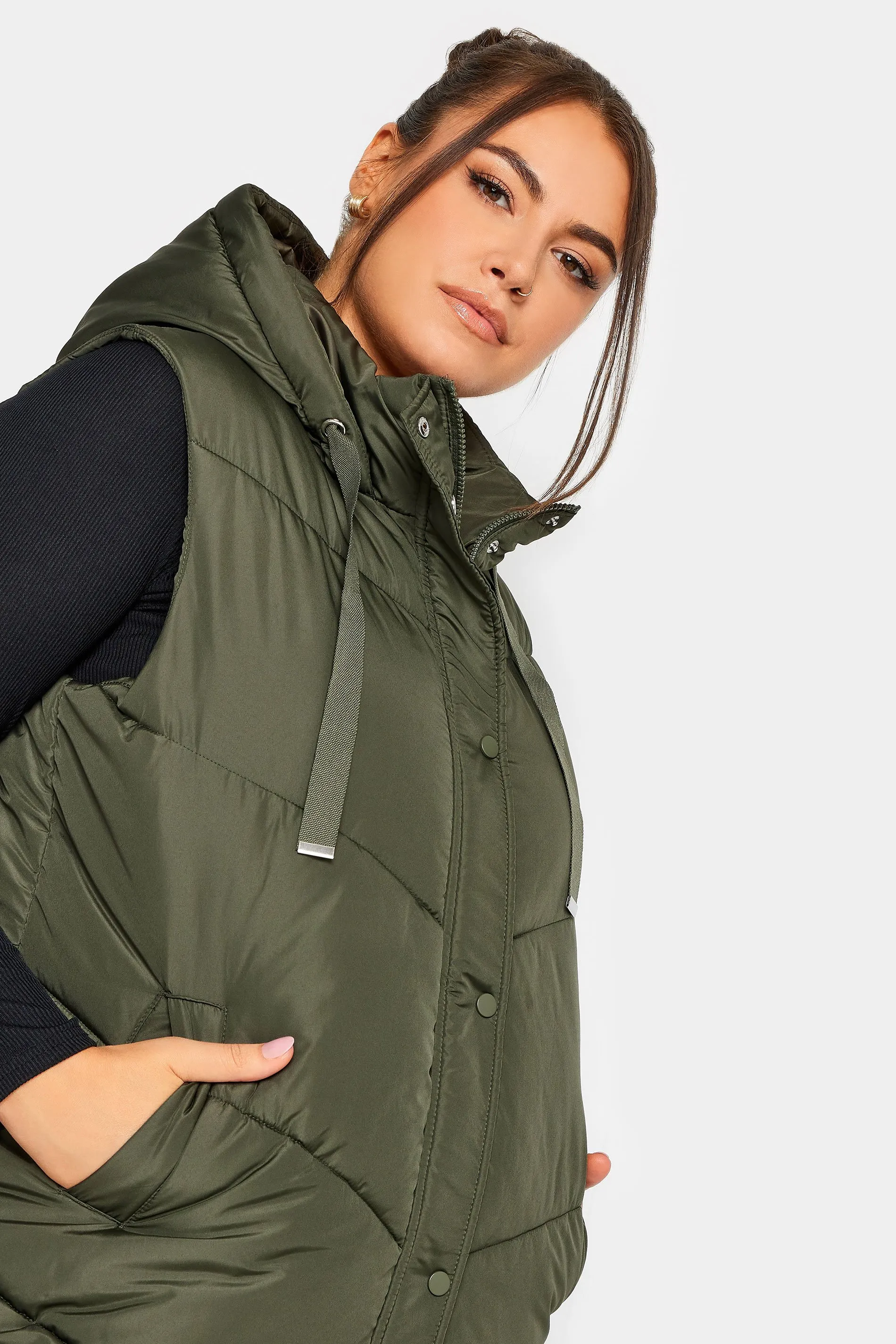 YOURS Curve Green Quilted Longline Hooded Gilet